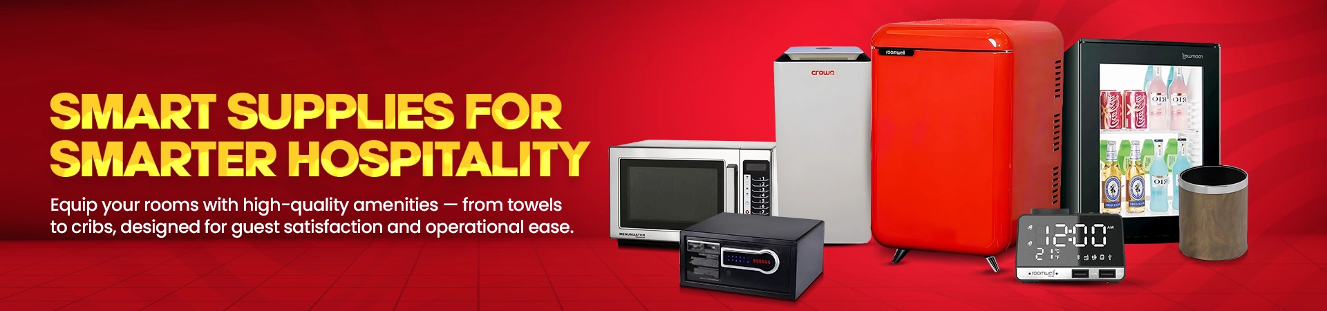 Smart hospitality supplies banner—towels, cribs and amenities for high-quality guest rooms and effortless hotel operations